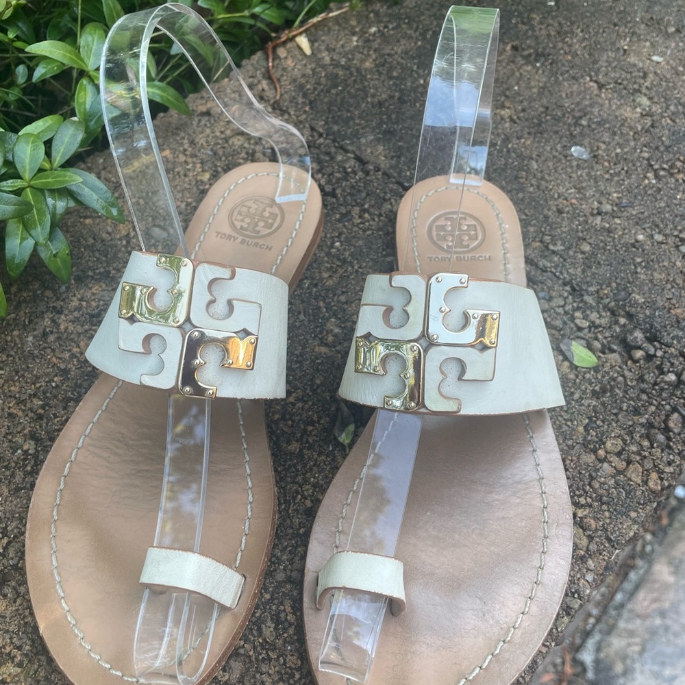 TORY BURCH Marcia Leather Toe Ring Slides Sandals Ivory Gold Size 5.5 - Picture 3 of 13